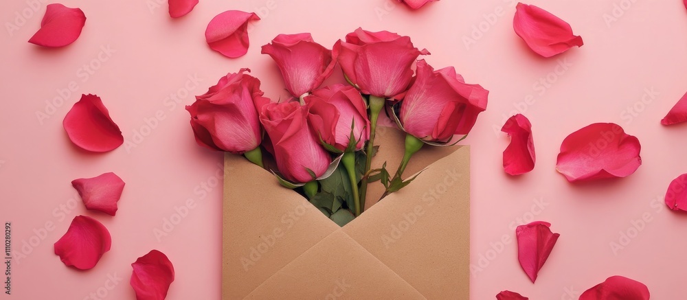 Craft paper envelope with pink roses and petals on a pink background Flat lay mockup for greeting card or holiday flyer design Craft paper envelope with pink roses and petals on a pink background Flat lay mockup for greeting card or holiday flyer design