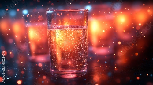 Sparkling Water Glass  Festive Bokeh Background