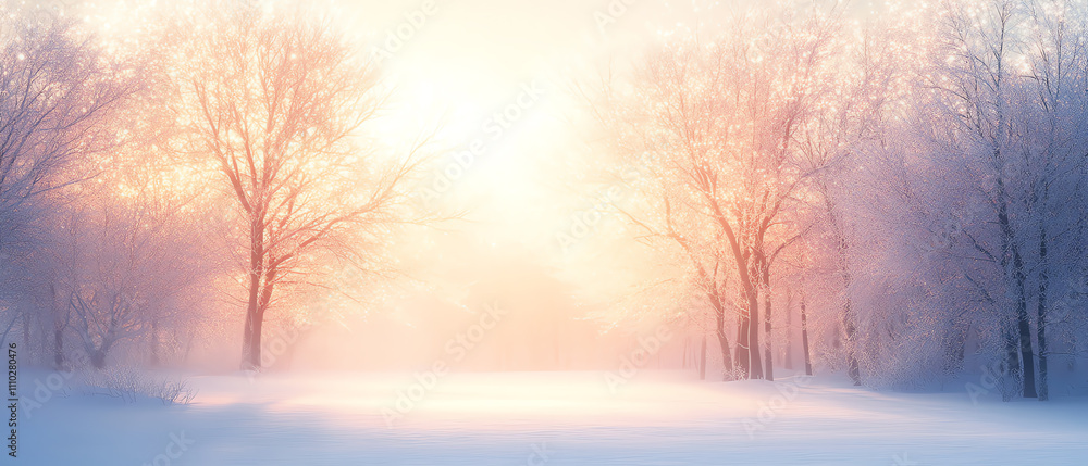 A serene winter landscape with frosty trees illuminated by soft morning light. A serene winter landscape with frosty trees illuminated by soft morning light.