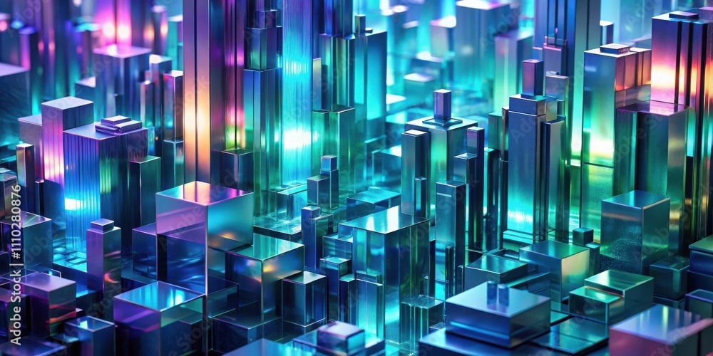 A futuristic cityscape composed of iridescent metallic cubes and rectangular structures, reflecting shimmering light in shades of blue, purple, and green. A futuristic cityscape composed of iridescent metallic cubes and rectangular structures, reflecting shimmering light in shades of blue, purple, and green.
