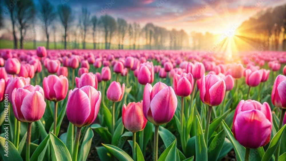 A field of vibrant pink tulips bathed in the warm glow of a sun-drenched sunset, with tall green leaves creating a natural border and adding a touch of depth to the image. A field of vibrant pink tulips bathed in the warm glow of a sun-drenched sunset, with tall green leaves creating a natural border and adding a touch of depth to the image.