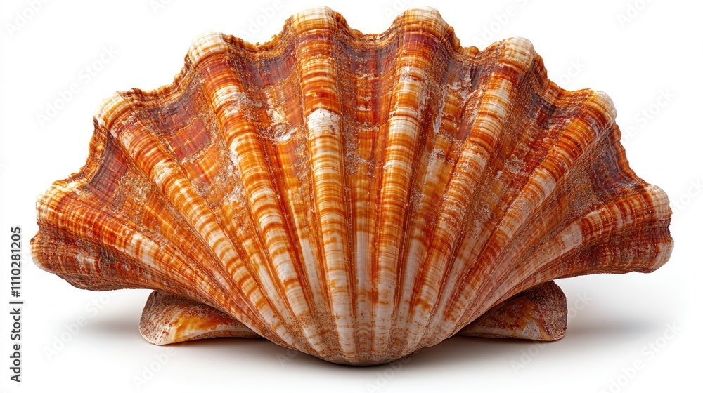 Obraz premium Colorful scallop shell isolated on a clean white background showcasing intricate textures and natural beauty of marine life
