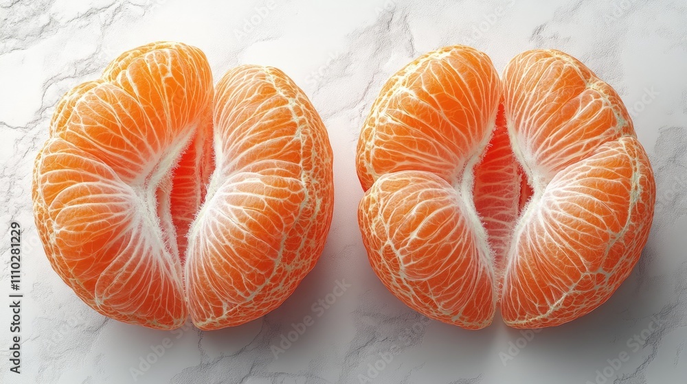 Peeled mandarin fruit halves displayed on a white background showcasing vibrant orange segments and detailed texture Peeled mandarin fruit halves displayed on a white background showcasing vibrant orange segments and detailed texture