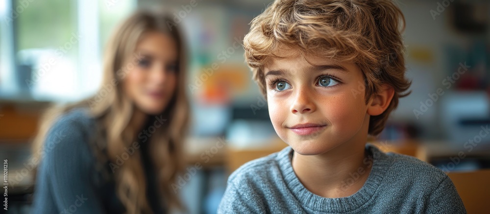 Obraz premium Young boy receiving speech therapy in classroom setting focused on communication skills and special educational methods
