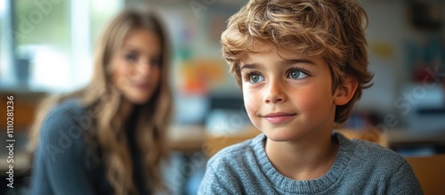 Young boy receiving speech therapy in classroom setting focused on communication skills and special educational methods
