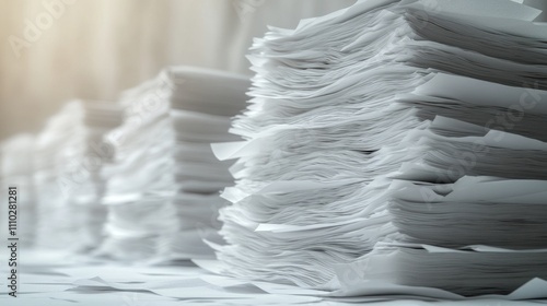 Stacks of blank paper neatly arranged with soft lighting highlighting their texture and layers on a clean white background photo