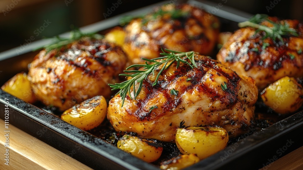 Grilled stuffed chicken breasts garnished with herbs and lemon on a black serving platter close up shot Grilled stuffed chicken breasts garnished with herbs and lemon on a black serving platter close up shot