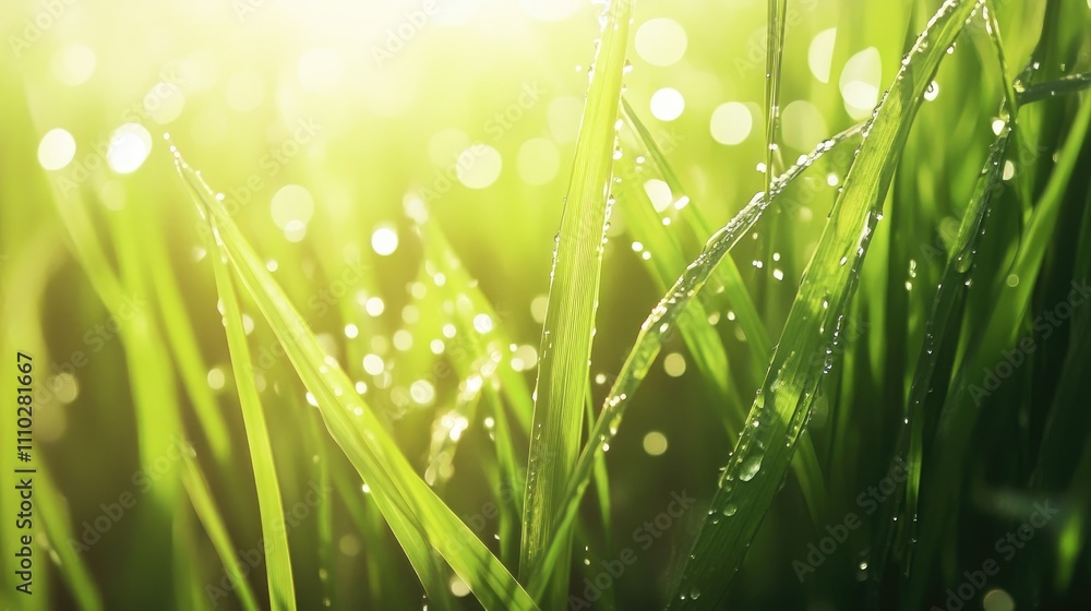 Fototapeta premium Lush green rice plants thriving in sunlit fields with sparkling water droplets and vibrant bokeh background in springtime.