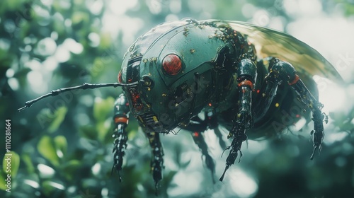 Robotic insect exploration enchanted forest digital art fantasy landscape close-up innovation photo