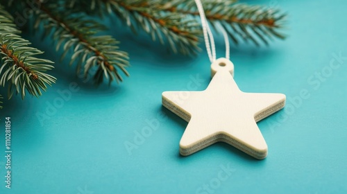 Scandinavian style wooden star decoration with pine branches on mint background vertical orientation holiday season theme