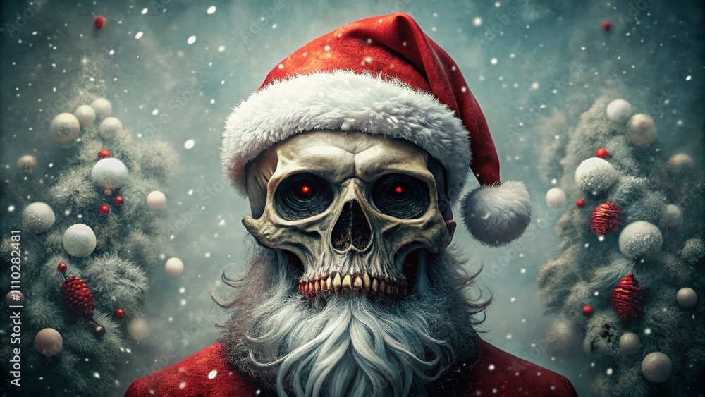 Creepy Christmas Skull Santa Claus Character in Red Hat with Snowflakes for Holiday Cards and Apparel Design Creepy Christmas Skull Santa Claus Character in Red Hat with Snowflakes for Holiday Cards and Apparel Design
