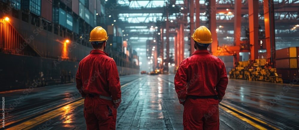 Foreman workers overseeing operations at a cargo harbor in a busy logistics and shipping environment during dusk. Foreman workers overseeing operations at a cargo harbor in a busy logistics and shipping environment during dusk.
