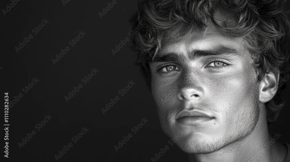 Young handsome man portrait in studio with striking features against a dramatic black and white background. Young handsome man portrait in studio with striking features against a dramatic black and white background.