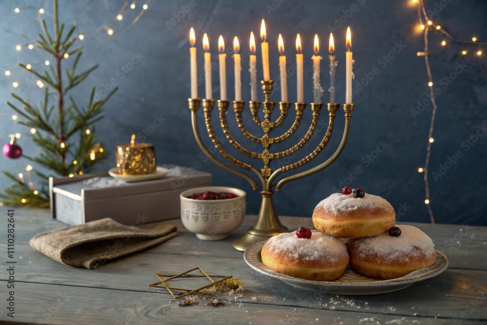 Obraz premium . Festive Hanukkah menorah with sufganiyot and decorations.