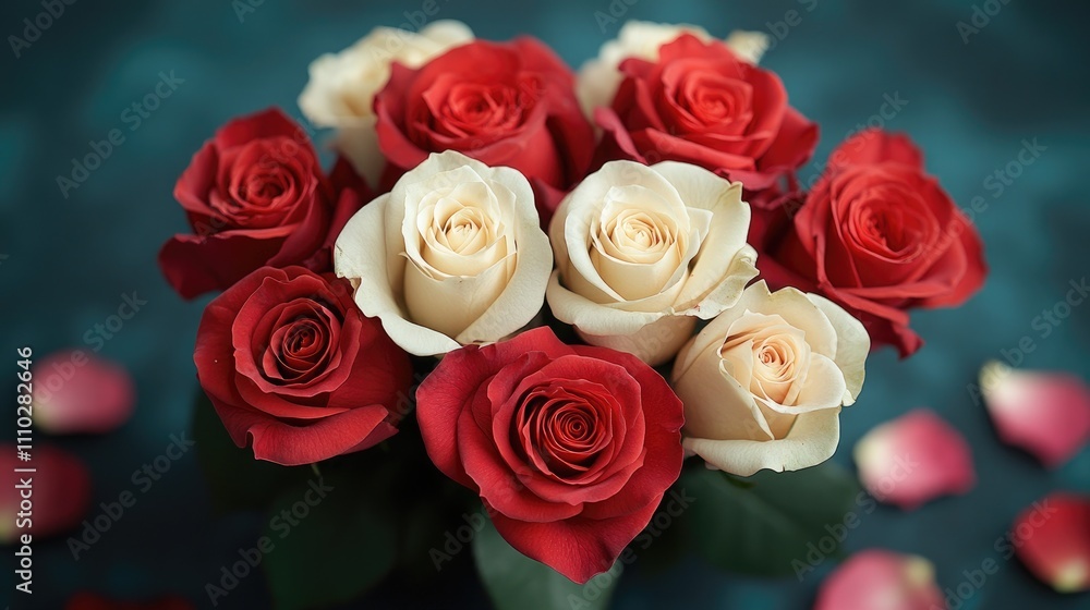 Elegant bouquet of red and white roses with scattered petals creating a romantic floral arrangement on a dark background. Elegant bouquet of red and white roses with scattered petals creating a romantic floral arrangement on a dark background.