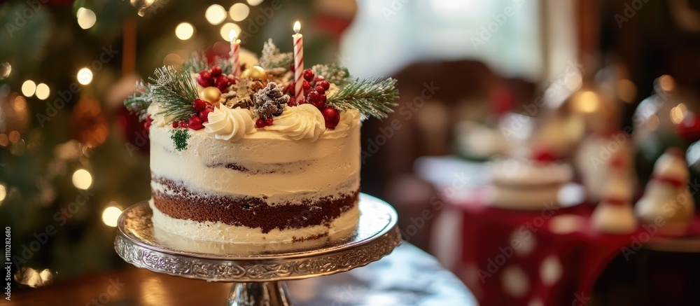 Festively decorated naked Christmas cake adorned with fresh fruits and candles set against a warm holiday backdrop Festively decorated naked Christmas cake adorned with fresh fruits and candles set against a warm holiday backdrop