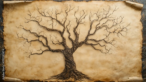 Family tree outline on aged parchment showcasing empty branches for genealogy research