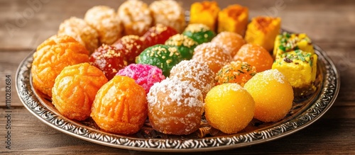 Colorful assorted Indian sweets on ornate plate with selective focus showcasing traditional desserts like Peda, Burfi, and Laddu. photo