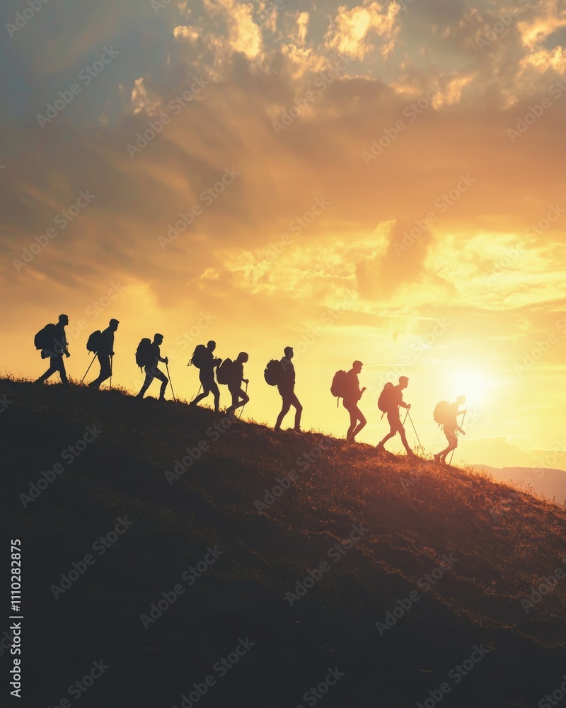 Diverse Group Hiking at Sunset in Beautiful Landscape Diverse Group Hiking at Sunset in Beautiful Landscape
