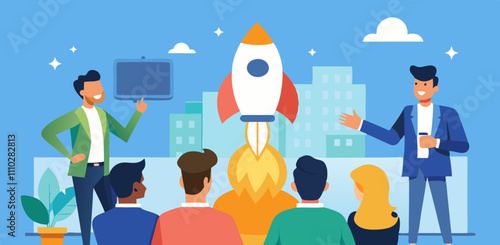 Entrepreneur presents innovative startup idea to an engaged audience in modern setting