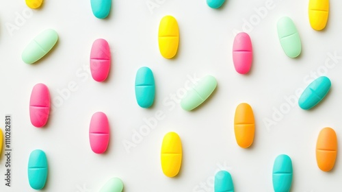 Vibrant colorful pills scattered on a white background symbolizing healthcare and wellness concepts