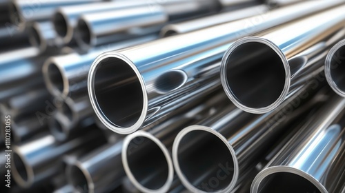 Stainless steel pipes stacked in an industrial setting showcasing modern manufacturing and material durability for industrial applications