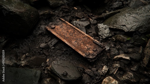 Wallpaper Mural Rusty railroad track piece resting among rocks in a gritty outdoor setting showcasing nature's reclamation and decay of industrial materials. Torontodigital.ca