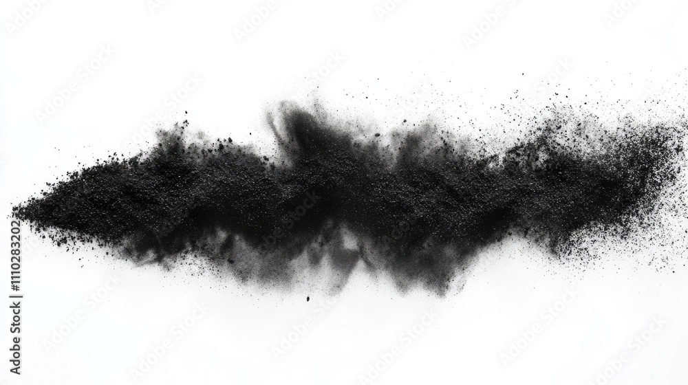 Fototapeta premium Black powder dispersing on a white background showcasing texture and movement for art and design backgrounds or product displays.