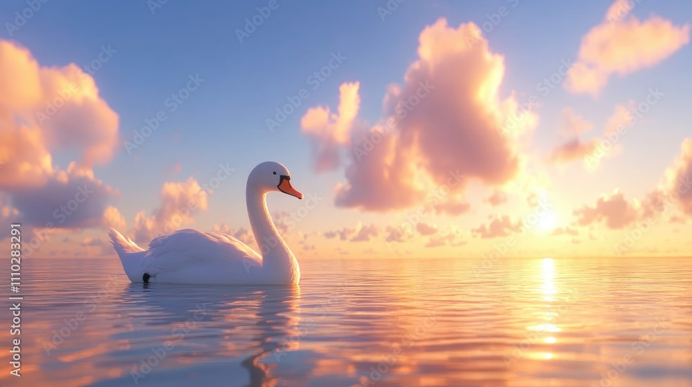 Serene white swan gliding gracefully on a tranquil pond during a stunning sunset with colorful clouds reflected in the water Serene white swan gliding gracefully on a tranquil pond during a stunning sunset with colorful clouds reflected in the water