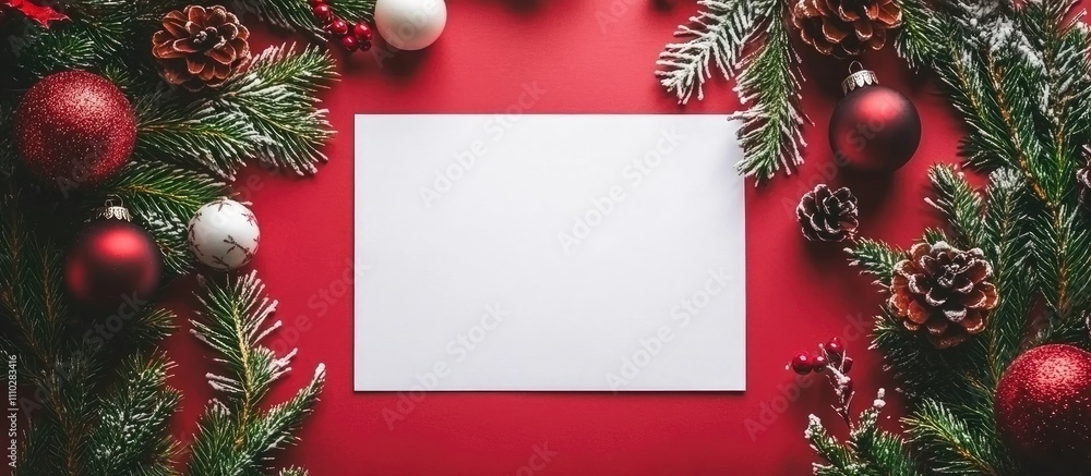 Festive New Year and Christmas flat lay arrangement with blank paper and seasonal decorations on a vibrant red backdrop for invitation design Festive New Year and Christmas flat lay arrangement with blank paper and seasonal decorations on a vibrant red backdrop for invitation design