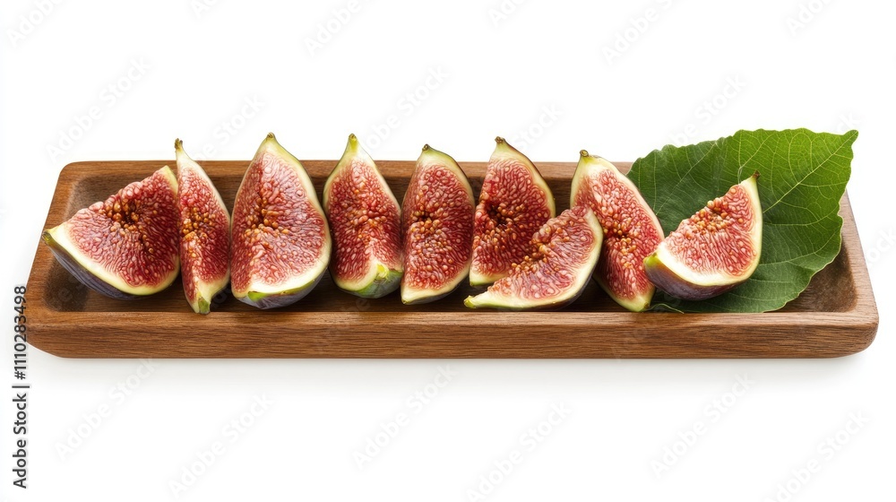 Freshly sliced figs on a wooden tray with fig leaf against a white background promoting healthy eating and natural vitamins for breakfast Freshly sliced figs on a wooden tray with fig leaf against a white background promoting healthy eating and natural vitamins for breakfast