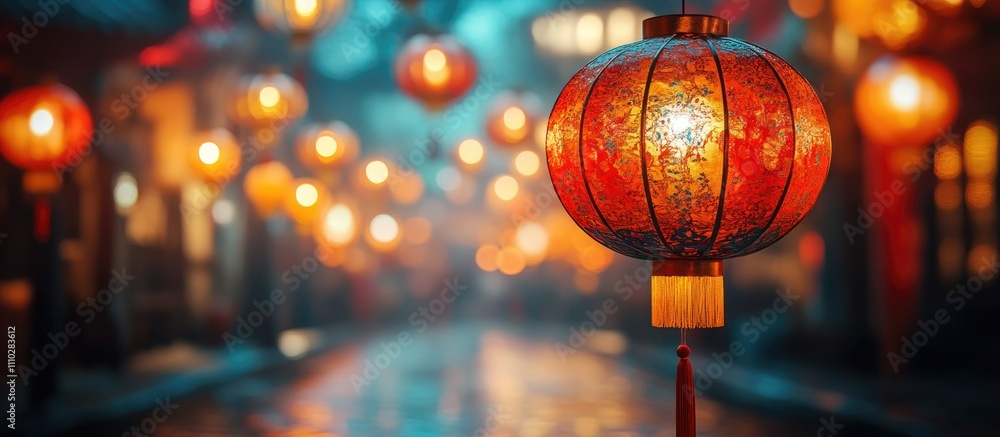 Chinese lanterns illuminating a festive street symbolizing hope and prosperity for the New Year celebration with vibrant colors and warm glow. Chinese lanterns illuminating a festive street symbolizing hope and prosperity for the New Year celebration with vibrant colors and warm glow.