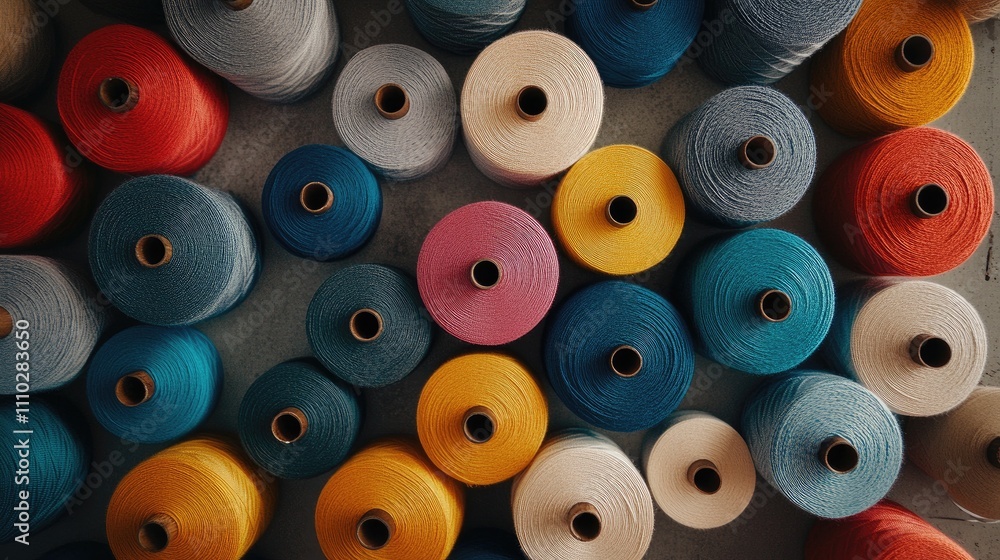 Colorful reels of thread arranged on a white table showcasing various textures and hues for sewing and crafting projects Colorful reels of thread arranged on a white table showcasing various textures and hues for sewing and crafting projects