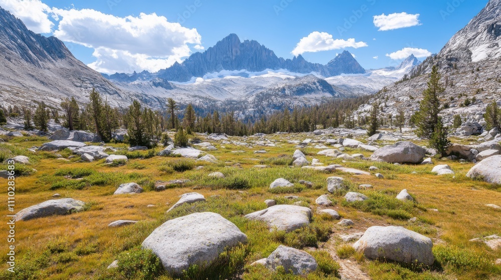 Breathtaking mountain landscape with lush greenery and rocky terrain under a bright blue sky Breathtaking mountain landscape with lush greenery and rocky terrain under a bright blue sky
