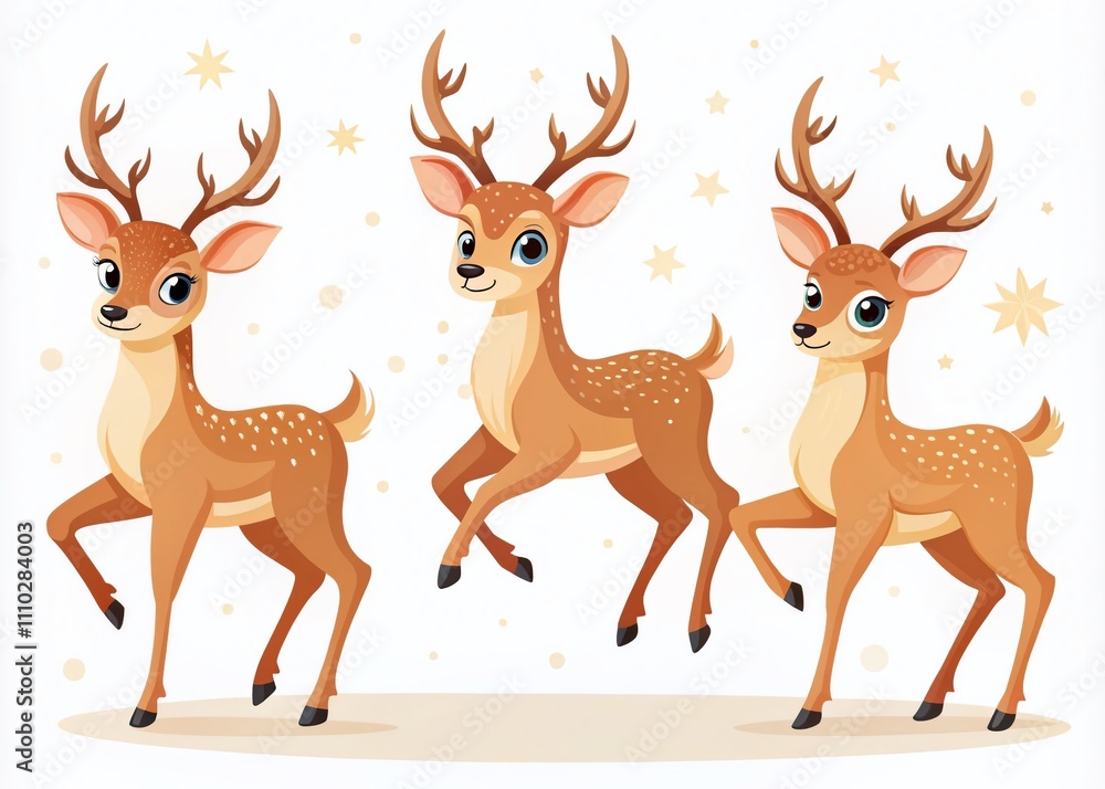 Cute Deer with Antlers in Cartoon Flat Style - Minimalist Illustration Set Featuring Standing, Jumping, and Grazing Poses Against a Clean White Background for Creative Projects Cute Deer with Antlers in Cartoon Flat Style - Minimalist Illustration Set Featuring Standing, Jumping, and Grazing Poses Against a Clean White Background for Creative Projects
