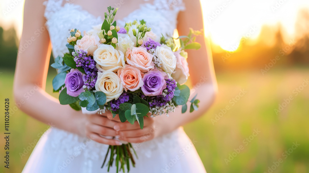 Beautiful Bride Holding Colorful Flower Bouquet Against Sunset in Field Beautiful Bride Holding Colorful Flower Bouquet Against Sunset in Field