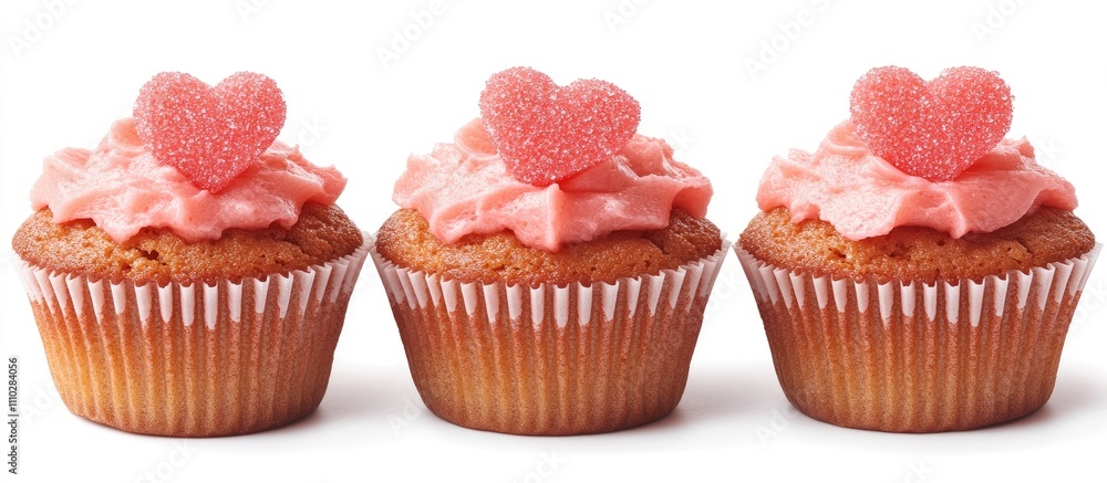 Pink cupcakes with heart-shaped candies on top isolated on white background perfect for Valentine's Day or festive celebrations. Pink cupcakes with heart-shaped candies on top isolated on white background perfect for Valentine's Day or festive celebrations.