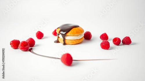 Delicious cream sandwich pastry drizzled with chocolate and surrounded by fresh raspberries on a white background