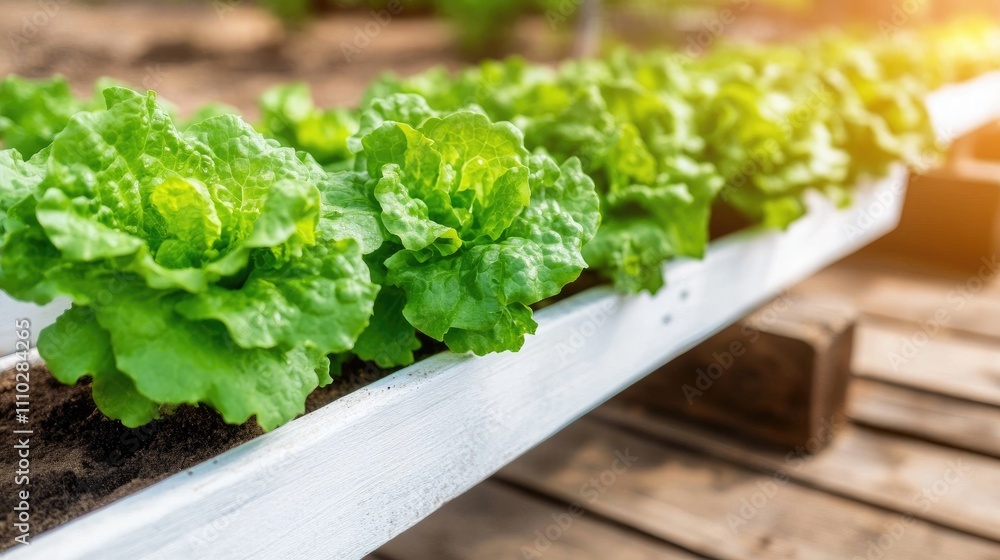 Lush rows of vibrant green lettuce growing in a hydroponic greenhouse setting with natural sunlight illuminating the scene Lush rows of vibrant green lettuce growing in a hydroponic greenhouse setting with natural sunlight illuminating the scene