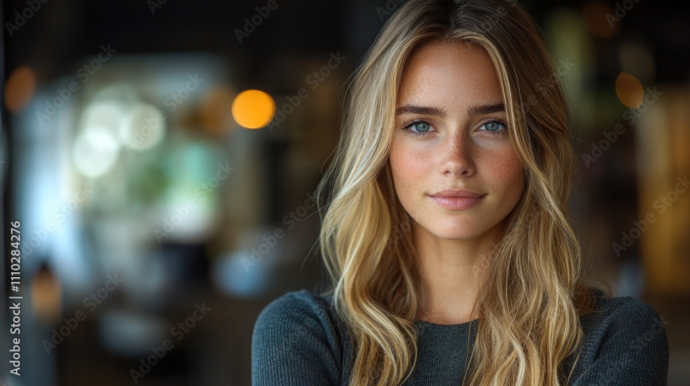 Confident businesswoman with long hair standing in a modern workspace showcasing professionalism and determination in her expression. Confident businesswoman with long hair standing in a modern workspace showcasing professionalism and determination in her expression.