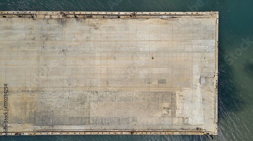 Empty concrete square cargo port viewed from above with water surrounding it