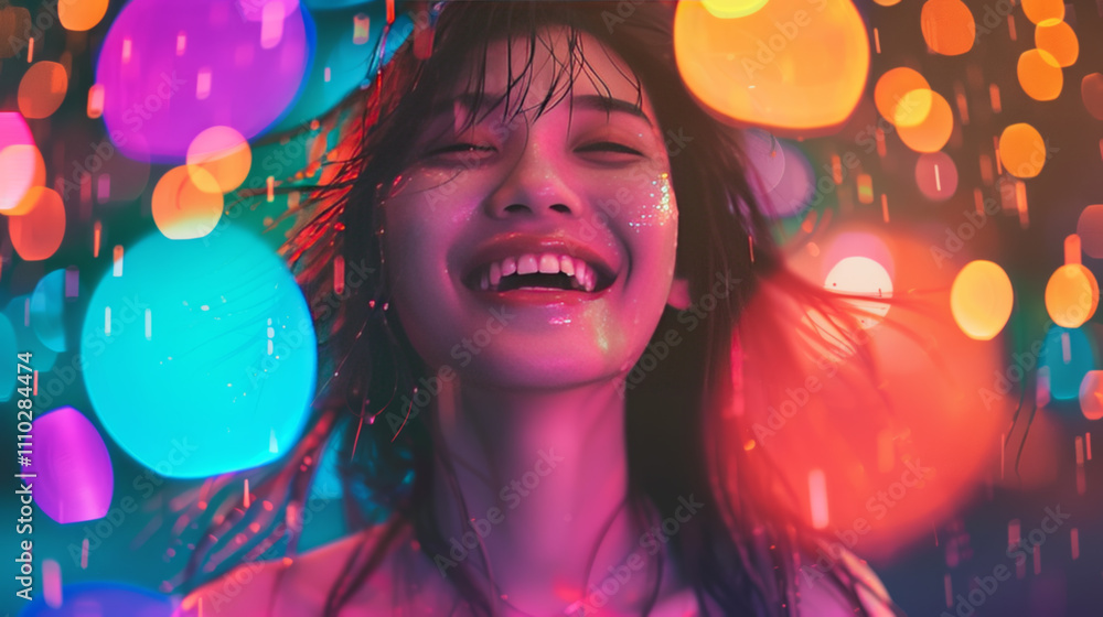 Joyful Woman in Rain with Colorful Lights Joyful Woman in Rain with Colorful Lights
