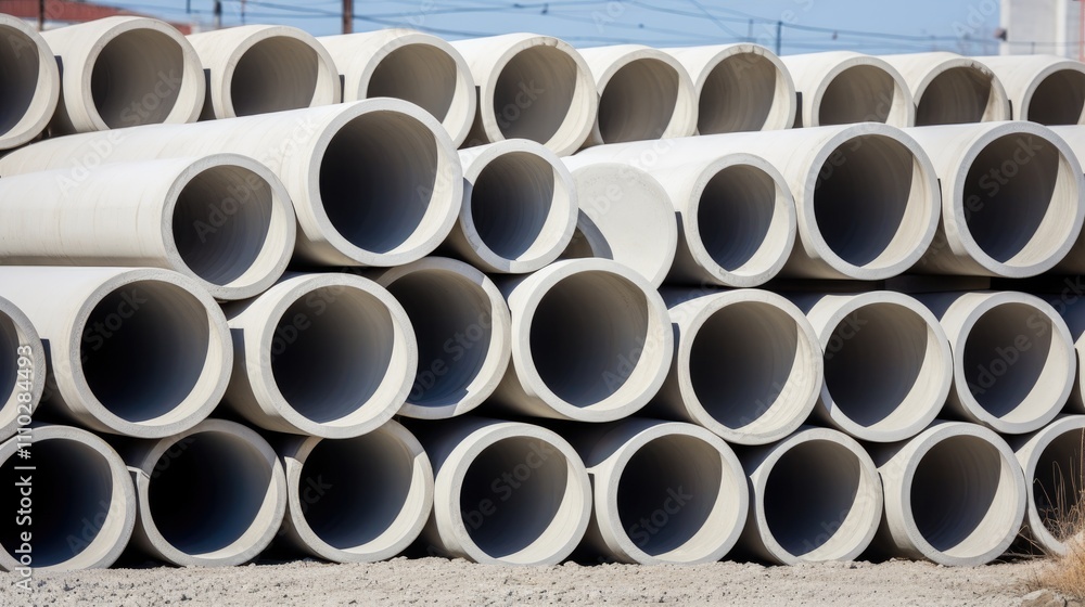 Stacked cement pipes in an outdoor concrete factory warehouse showcasing industrial manufacturing of cement products and construction materials. Stacked cement pipes in an outdoor concrete factory warehouse showcasing industrial manufacturing of cement products and construction materials.