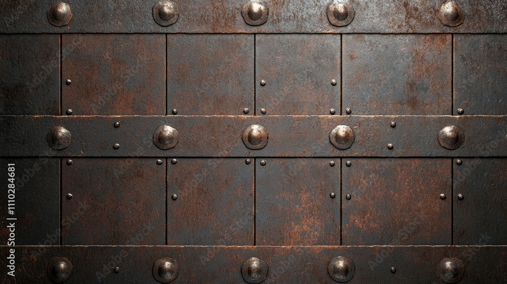 Fototapeta premium Rusty steel plate background with rivets showcasing an industrial texture for use in design and architectural projects.