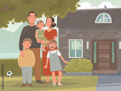 Happy family on the background of the house. Mom dad and daughters and son. Family portrait outdoors. Parents and children. Vector illustration