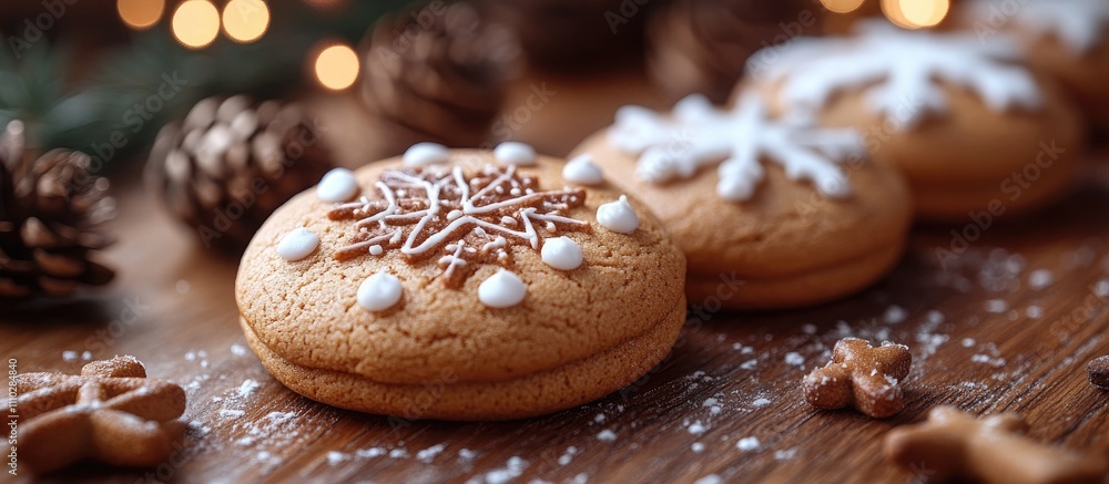 Festive gingerbread cookies decorated for the winter holiday season with pinecones and warm bokeh lights in the background Festive gingerbread cookies decorated for the winter holiday season with pinecones and warm bokeh lights in the background