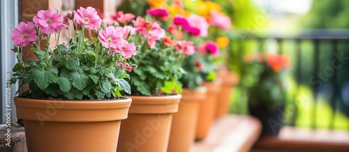 Zonal Geraniums Pelargonium hortorum in terracotta pots showcasing vibrant pink and colorful blooms on a sunny patio