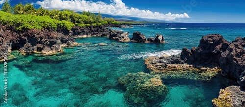 Scenic view of turquoise waters reflecting white rock formations and lush greenery along the serene coastline under a clear blue sky