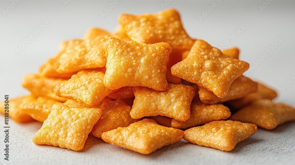 Golden fish-shaped crackers piled in a bowl on a clean white surface perfect for snack advertising and healthy eating concepts. Golden fish-shaped crackers piled in a bowl on a clean white surface perfect for snack advertising and healthy eating concepts.