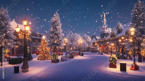 Winter Wonderland with Snow and Festive Lights